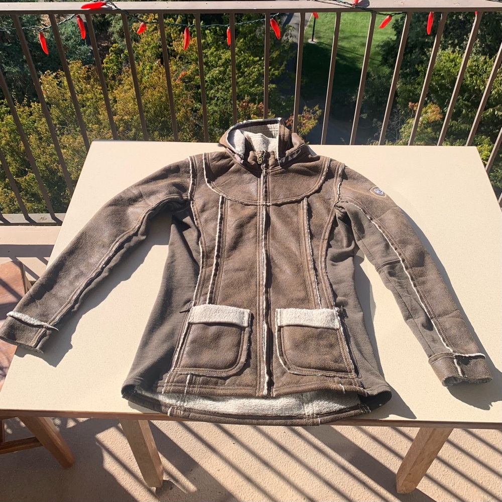 Kuhl Dani Sherpa Jacket Brown Faux Leather Microsuede Hooded Jacket Sweatshirt